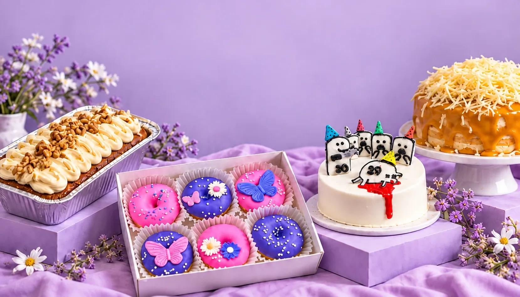 A banana loaf with piped cream and walnuts, a box of pink and purple butterfly mini donuts, a bento cake with cartoon birthday toppers, and a yema cake topped with grated cheese, on a lavender table